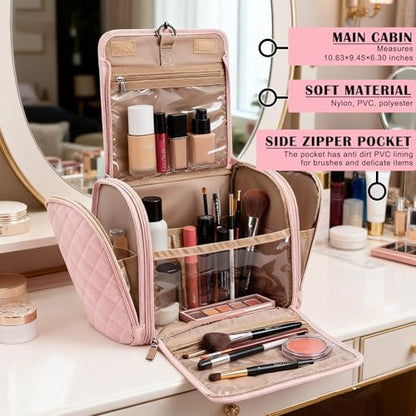 banapoy Hanging Toiletry Bag for Women, Roll up Cosmetics Makeup Bag, Travel Makeup Cosmetic Organizer with Hanging Hook, for Jewelry Toiletries, 10.63x9.45x6.30in (Pink) - color: Pink