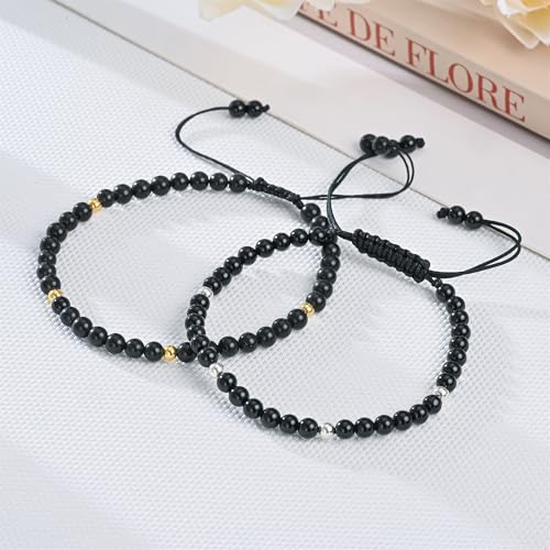 Natural Stone&925 Sterling Silver/18K Gold Anklet,│4MM│9-12 in│, Hand Woven, Adjustable Size - color: Black Tourmaline Anklet，4MM