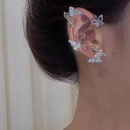 2 Pairs Dainty Silver Butterfly Ear Cuffs & Wraps for Women Non Piercing Bling Butterfly Tassel Style Zircon Earrings Ear Clips Bridal Wedding Jewelry - color: Silver-D