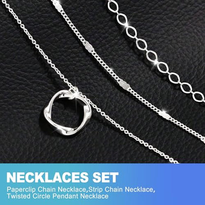 CoguZed Layered Silver Plated Necklaces for Women, Trendy Triple Strand Stackable Choker with Twisted Circle Pendant, Chain Fashion Jewelry Gift
