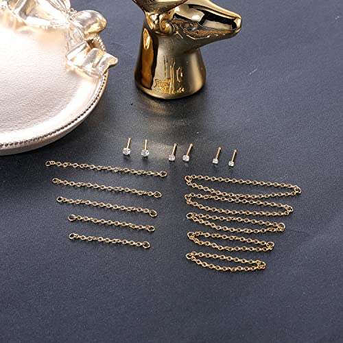 PunkTracker 20G Nose Rings 2mm 2.5mm 3mm CZ Nose Studs | with Chains Surgical Steel Nose Piercing Jewelry Nose Ring Studs - style: Gold, Nose Studs