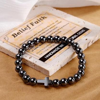 MASSIVE BEADS Handmade Yoga Stretch Elastic Bracelet Natural Stone Crystal Healing Power Energy Gifts for Unisex Adult 4mm 6mm 8mm 10mm - color: BELIEF FAITH(Hematite and Cross B), size: 8mm