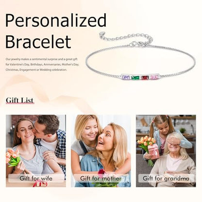Sterling Silver Personalized 1-6 Birthstone Bracelet for Women Mothers Day Bracelet for Mom Daughter Custom Dainty Jewelry for Christmas Birthday Gift Ideas - style: Silver-4 stones