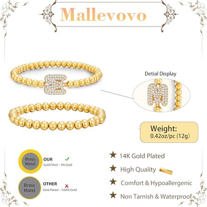 Initial Stack Bracelet Set for Women Trendy 14K Gold Plated Beaded Stackable Stacking Stretch Name Bracelets Dainty Friendship Waterproof Charm Cute Birthday Jewelry Gifts for Women - color: Initial E