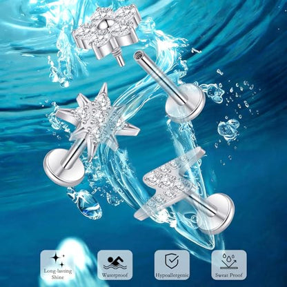 limerencia Titanium Internally Threaded Flat Back Earrings, 3 Pcs Implant Grade Hypoallergenic Studs, 18G Tragus Helix Conch Cartilage Piercing Jewelry for Sensitive Ears Women Men, Gold/Silver - color: Silver-Vibe B