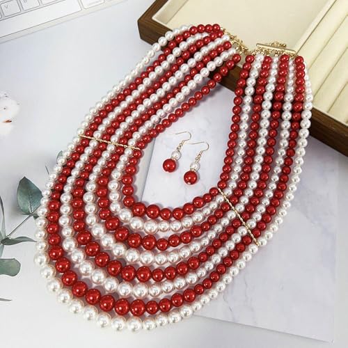Multilayer Strand Chain Faux Pearls Flapper Beads Cluster Long Choker Necklace - color: Red Necklace