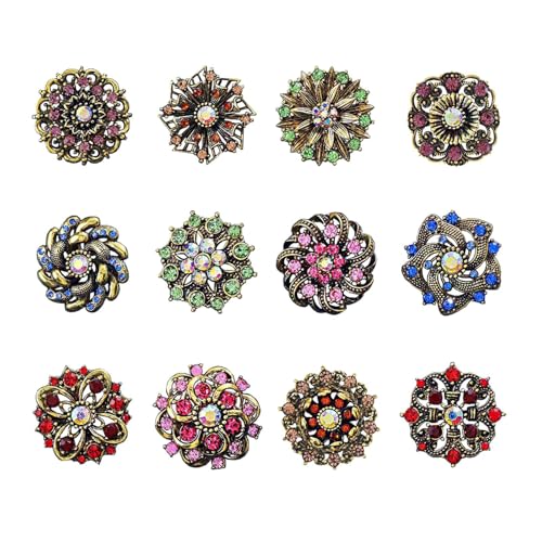 12Pcs Vintage Flower Brooches Set Crystal Rhinestone Brooches for Women Fashion Rhinestone Pins for Women DIY Bridal Wedding Bouquet Crafts - color: Vintage Multicolor