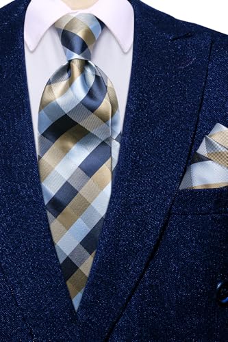 Hi-Tie Men's Silk Ties Formal Woven Classic Necktie Pocket Square Cufflinks Lapel Pin Set Wedding Business - color: A Navy Blue and Grey