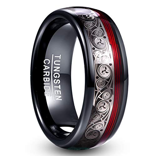 Vakki 8mm Black Tungsten Ring for Men with Celtic Spiral and Red Guitar String Inlaid Wedding Band Comfort Fit Size 7-12.5