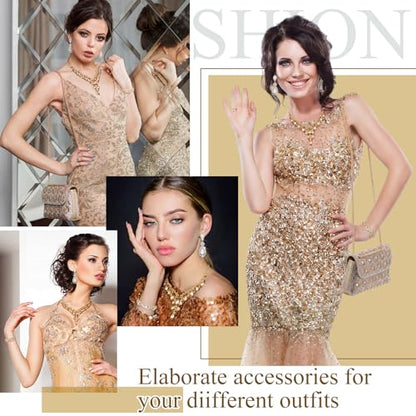 Quelay 4 Pcs Purse Rhinestone Jewelry Set Women | Wedding Bridal Prom Jewelry Sparkly Clutch Handbag with Necklace Bracelet Dangle Earrings Shiny Costume Kit - color: Champagne, style: Sparkly