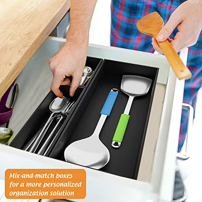 Black Bamboo Drawer Organizer - Silverware&Utensil Holder Organizer for Kitchen Drawers, Multi-Use Drawer Dividers Boxes for Bathroom Counter，Cabinet, Garage, Office Desk, Makeup, Jewelry (9"3"2.5") | Silverware Cutlery Utensil Tray, Multi-Use Drawer Divi
