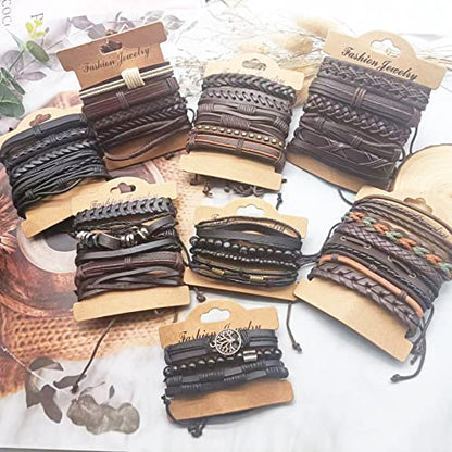 SONNYX 44 Pcs Braided Leather Bracelets for Men Women | Woven Cuff Wrap Bracelets Hemp Cords Wood Beads Ethnic Tribal Bracelets Adjustable Leather Wristbands
