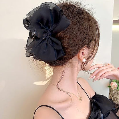 Black Mesh Tulle Bowknot Hair Claw Clips - Large Chiffon Clips for Women's Thick Hair, Elegant Hair Accessories - color: black