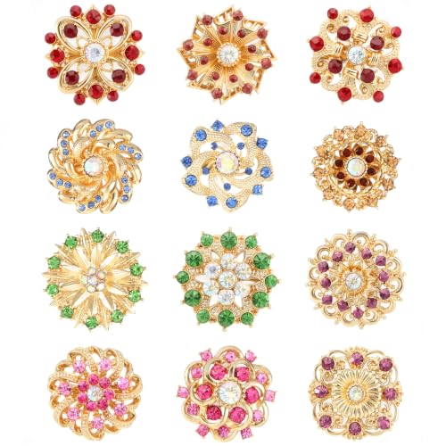 12Pcs Crystal Rhinestone Flower Brooch Pins Set, Wedding Brooches For Women - color: Multicolor