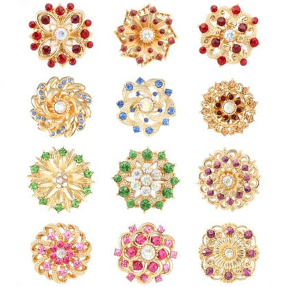 12Pcs Crystal Rhinestone Flower Brooch Pins Set, Wedding Brooches For Women - color: Multicolor