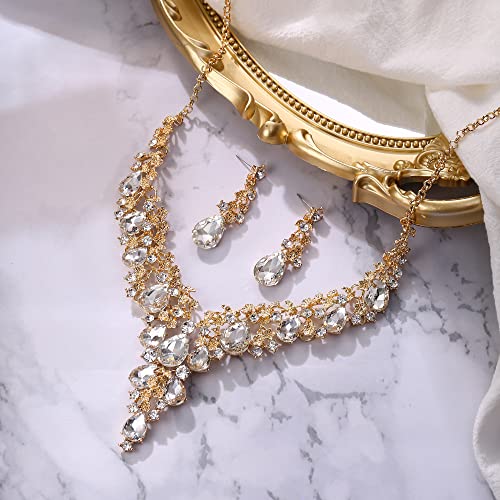 BriLove Women's Wedding Bridal Austrian Crystal Teardrop Flower Cluster Statement Necklace Dangle Earrings Jewelry Set for Party Prom - color: 2Pcs-Clear Gold-Tone