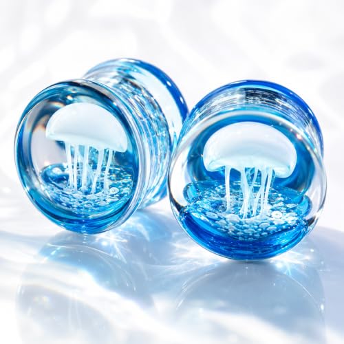 Stuppendux 4 Style 2Set Color Ocean Jellyfish Glass Double Flared Ear Plugs Tunnels Expander Stretching Kit Gauge 0g-5/8 8-16mm - color: Blue=12MM