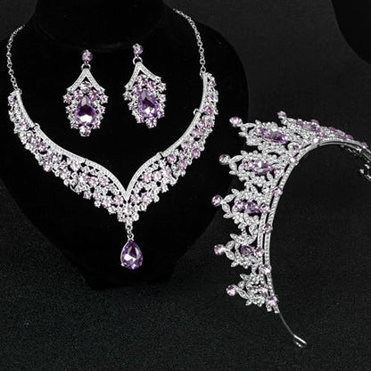 Crowns and Tiaras jewelry sets for Wedding princess birthday party Halloween Prom Pageant Jewelry for Women Crystal Bridal Jewelry Set for women - color: Silver purple
