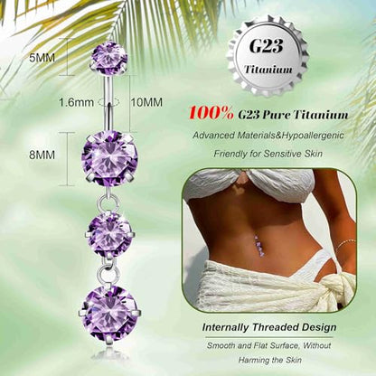 G23 Titanium Dangle Belly Button Rings for Women Dangling Navel Rings CZ Belly Rings Curved Barbell Internally Threaded Belly Piercing Jewelry - color: Purple