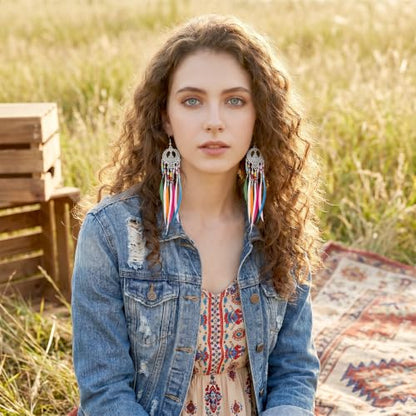 Molain 2Pairs Boho Beaded Feather Earrings for Women, Ethnic Retro Western Tree of Life Beaded Tassel Dangling Earrings Country Jewelry for Birthday Party Gifts