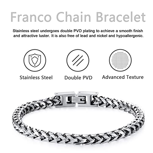 Mens Bracelet - Stainless Steel Fold Over Clasp Franco Chain Bracelets for Men - color: G-Silver