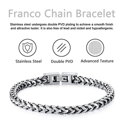 Mens Bracelet - Stainless Steel Fold Over Clasp Franco Chain Bracelets for Men - color: G-Silver