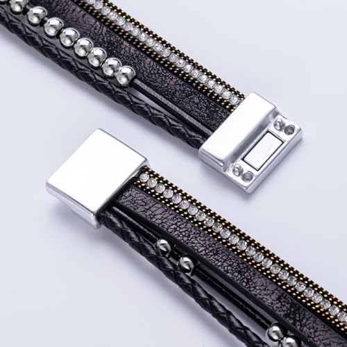 Chunky Boho Leather Wrap Bracelets Cowgirl Beaded Circle Western Jewelry | Stackable Infinity Layered Bohemian Magnetic Clasp Cuff Statement Fashion Colorful Country Hippie Outfits for Women Trendy - color: Black