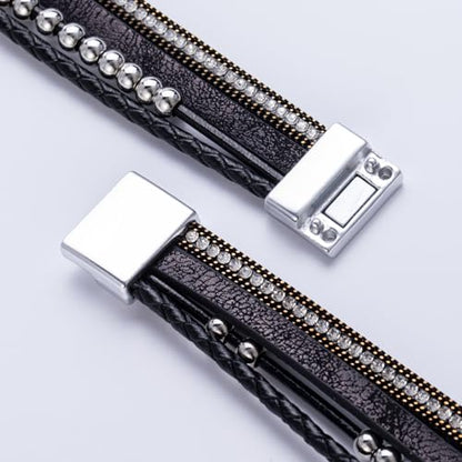 Chunky Boho Leather Wrap Bracelets Cowgirl Beaded Circle Western Jewelry | Stackable Infinity Layered Bohemian Magnetic Clasp Cuff Statement Fashion Colorful Country Hippie Outfits for Women Trendy - color: Black