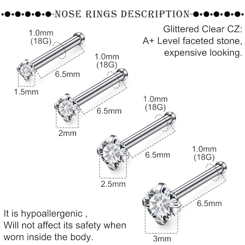 18G 20G 22G Titanium Stainless Surgical Steel Nose Rings Studs for Women L Shaped Nose Studs Screw Nose Ring Piercing Jewelry for Women Men Diamond CZ 1.5mm 2mm 2.5mm 3mm Silver Black Gold - style: 18g/Clear CZ/Straight/Titanium