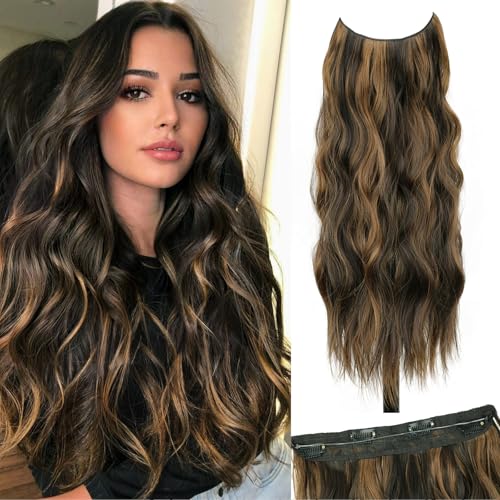 Balayage Dark Brown Halo Hair Extensions with Chestnut Highlights | 20 Inch Wavy Synthetic Fiber with Invisible Wire and 4 Secure Clips for Easy Daily Styling and Party Wear - color: Brown Highlight