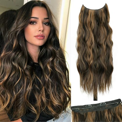 Balayage Dark Brown Halo Hair Extensions with Chestnut Highlights | 20 Inch Wavy Synthetic Fiber with Invisible Wire and 4 Secure Clips for Easy Daily Styling and Party Wear - color: Brown Highlight