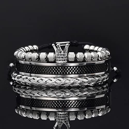 WFYOU 3PCS Stainless Steel Imperial Crown Bracelets for Men Gold Roman Numeral Bangle Bracelet Adjustable Cuff Bracelet Mens Luxury Jewelry Gifts - style: 03:Black-Crown