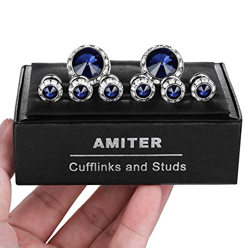 AMITER Crystal Cufflinks and Tuxedo Studs for Men, Cuff Links Suits for Shirt Formal Dress Business Wedding Anniversary - color: Navy Blue