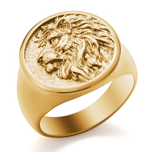 Mens Signet Ring Stainless Steel Lion Eagle Head Statement Rings Jewelry for Men Size 8/9/10/11/12/13 - style: Gold Tone Lion