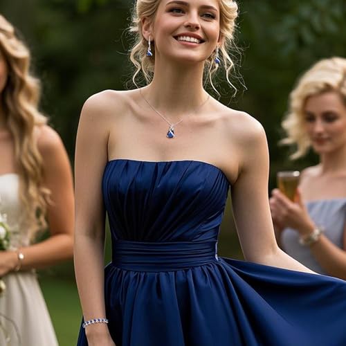 Jewelry Set for Bride, Sparkling Water Drop Cubic Zirconia Crystal Pendant Necklace Leverback Earrings Tennis Bracelet Adjustable Ring Gift for Wedding/Birthday/Mother's Day/Christmas - color: 01-Sapphire Color Silver-Tone