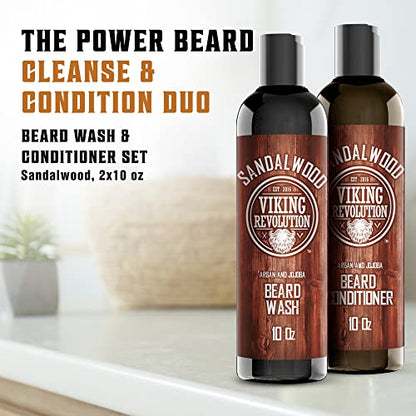 Beard Wash & Beard Conditioner Set w/Argan & Jojoba Oils - Softens & Strengthens - Natural Sandalwood Scent - Beard Shampoo w/Beard Oil (10oz) | Formulated with Argan & Jojoba Oils - Softens & Strengthens Beard - Sandalwood Scent - size: 10 Fl Oz (Pack of