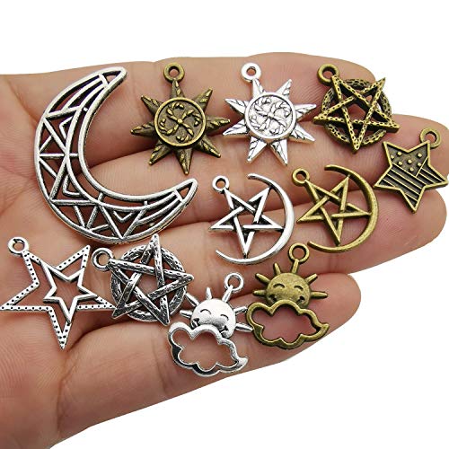 100g(About 76pcs) Craft Supplies Small Antique Bronze Silver Sun Moon Star Charms Pendants for Jewelry Making Findings Crafting Accessory for DIY Necklace Bracelet (M206) - color: Sun Star Moon