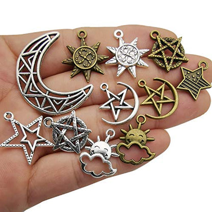 100g(About 76pcs) Craft Supplies Small Antique Bronze Silver Sun Moon Star Charms Pendants for Jewelry Making Findings Crafting Accessory for DIY Necklace Bracelet (M206) - color: Sun Star Moon