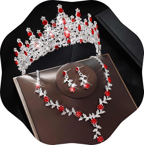 Kamirola Tiaras and Crowns for Women,Tiaras Earrings Necklace, Crystal Bridal Jewelry Set (TR48) - color: Silver Red