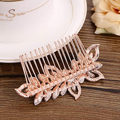 Kercisbeauty Wedding Bridal Bridesmaids Flower Girl Rhinestone Crystal Leaf Rose Gold Hair Comb Slide for Prom,Bun Hair Accessory (Rose Gold) - color: Rose Gold