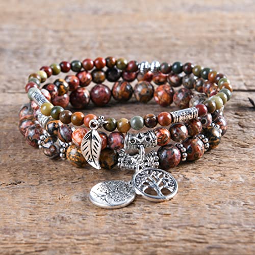 YGLINE Tree of Life Yoga Healing Stone Bracelets,Multilayer Lotus Chakra Stone Reiki Bracelet Sets,Anxiety Crystal Natural Stone,for Women Stress Relief - color: Leopard Skin Jasper-3w