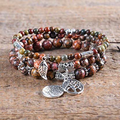 YGLINE Tree of Life Yoga Healing Stone Bracelets,Multilayer Lotus Chakra Stone Reiki Bracelet Sets,Anxiety Crystal Natural Stone,for Women Stress Relief - color: Leopard Skin Jasper-3w