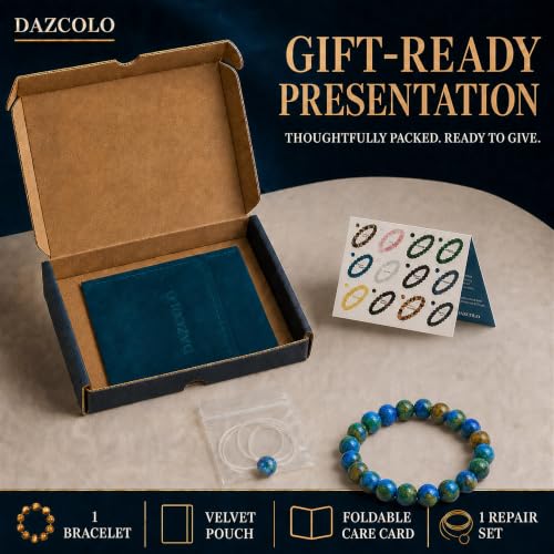 8mm Natural Crystal Stretch Bracelet | Handmade Round Stone Bead Bracelet, Runs Large, Meditation Yoga Gift for Women & Men - color: Azurite