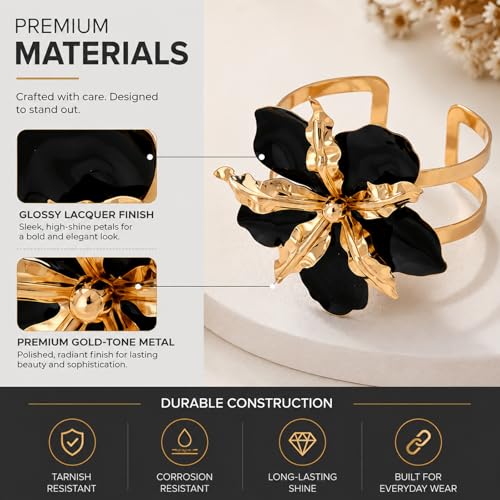 EVKILKJS Black and Gold Bracelet Women's Thick Gold Bangle Wide Band Hammered Floral Pattern Medieval Vintage Style Fashion Accessory