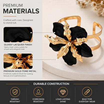 EVKILKJS Black and Gold Bracelet Women's Thick Gold Bangle Wide Band Hammered Floral Pattern Medieval Vintage Style Fashion Accessory