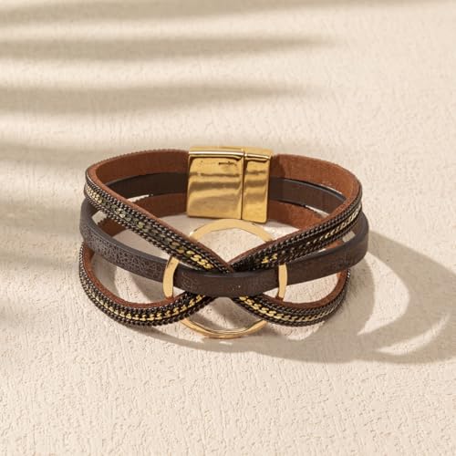 xuzhiyuan Bohemian Leather Cuff Bracelet Multi-Layer Wrap with Circle Accent Bracelet Boho Braided Bracelet Jewelry Gift for Women - color: Brown