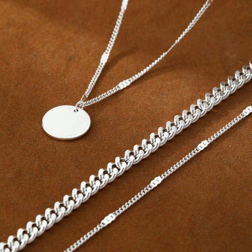 Layered Gold Silver Necklaces for Women, Stackable Stack 14K Real Gold Plated Silver Chain Necklace Diamond Circle CZ Layering Pendant Necklaces Trendy Gold Jewelry Set Gifts - color: silver, style: 3PC-Coin