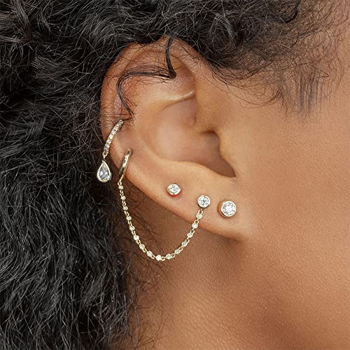 Personalized Double Piercing Round CZ Stud Small Hoop Cuff Cartilage Earrings for Women Teen Girls 925 Sterling Silver Post Cubic Zirconia Threader Chain Tassel Drop Dangle Delicate Two Holes Crystal Huggie Hoops Crawler Climbers Hypoallergenic Studs Fash