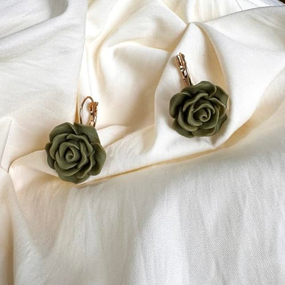 Handmade Bohemian Aesthetic Dainty Acrylic Flower Petal Leverback Earrings Sparkly 14K Gold Floral Dangle Drop Earrings for Women - color: Olive Green
