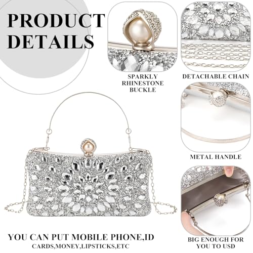 Quelay 4 Pcs Purse Rhinestone Jewelry Set Women | Wedding Bridal Prom Jewelry Sparkly Clutch Handbag with Necklace Bracelet Dangle Earrings Shiny Costume Kit - color: Silver, style: Sparkly